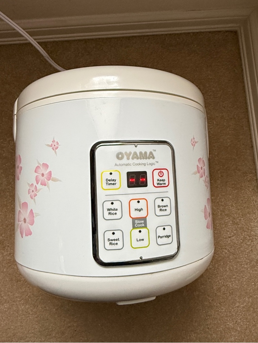 White & Pink Floral Rice Cooker with Keep Warm Function